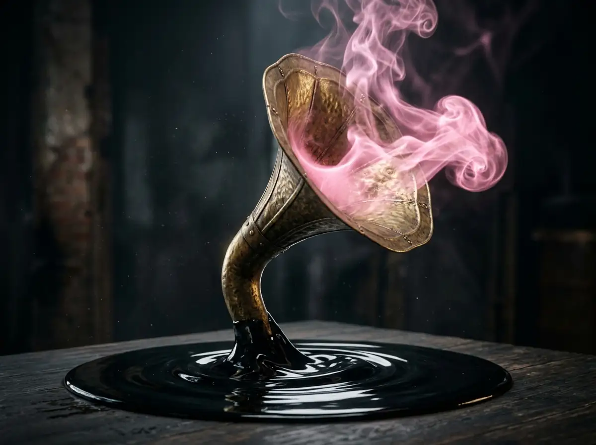 Vintage brass gramophone in black liquid glass